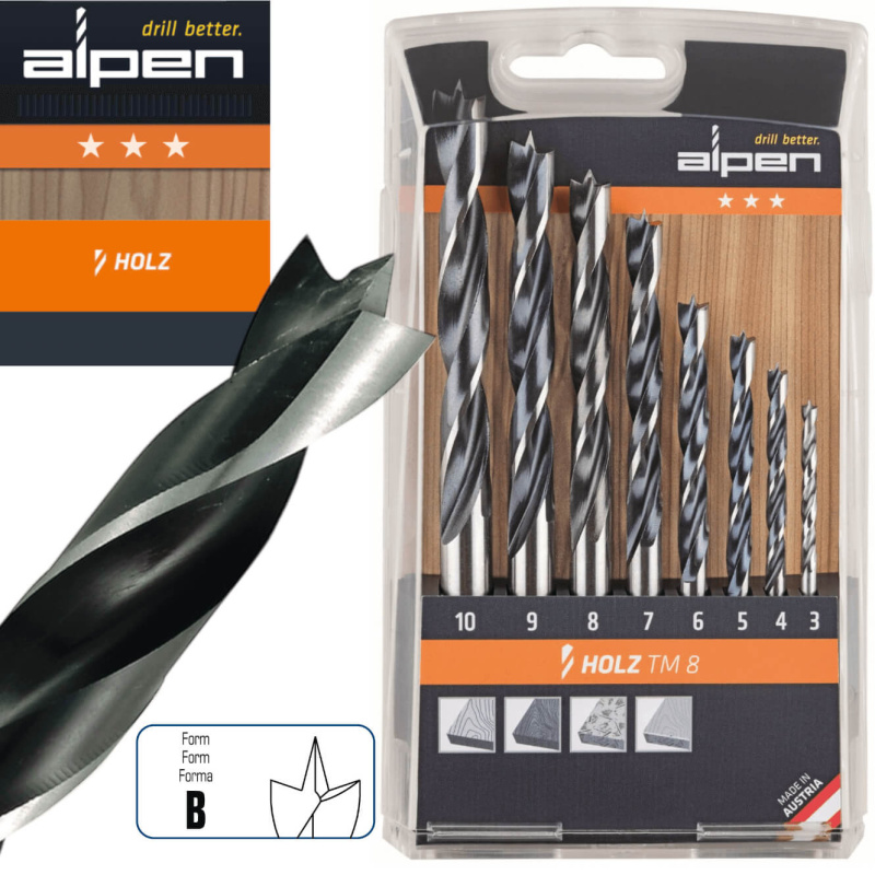 Alpen Holz TM 8 – zestaw wierteł do drewna 3–10 mm, 8 szt.