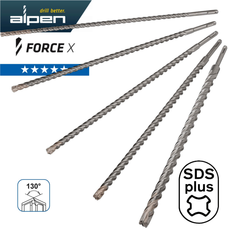 Alpen wiertła do betonu zbrojonego 10/ 12/ 14/ 16/ 18/ 20 mm długie 450 mm SDS-plus FORCE X 5 sztuk