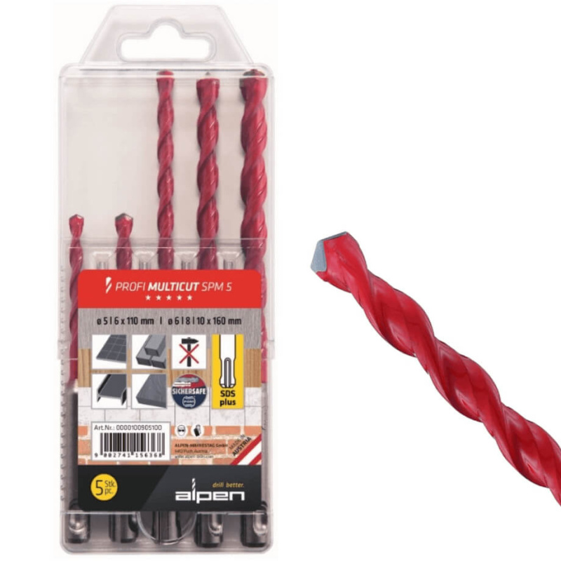 Alpen wiertła uniwersalne do muru, drewna, metalu, płytek 5/ 6/ 8/ 10 mm Profi Multicut SPM 5 sztuk SDS-plus