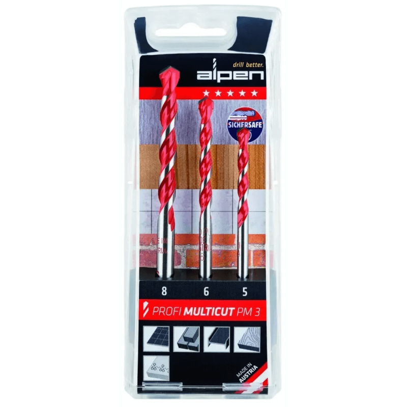 Alpen wiertła uniwersalne do muru, drewna, metalu, płytek, tworzywa 5/ 6/ 8 mm Profi MultiCut PM 3 sztuki