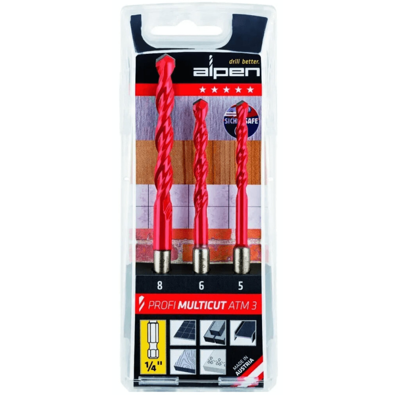 Alpen wiertła uniwersalne do metalu, drewna, muru, płytek, tworzywa 5/ 6/ 8 mm Profi Multicut ATM 3 sztuki