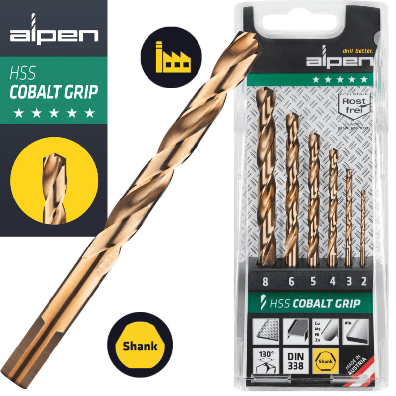 Alpen przemysłowe wiertła kobaltowe do metalu i stali nierdzewnej 2/ 3/ 4/ 5/ 6/ 8 mm HSS-Co Cobalt Grip TM 6 sztuk