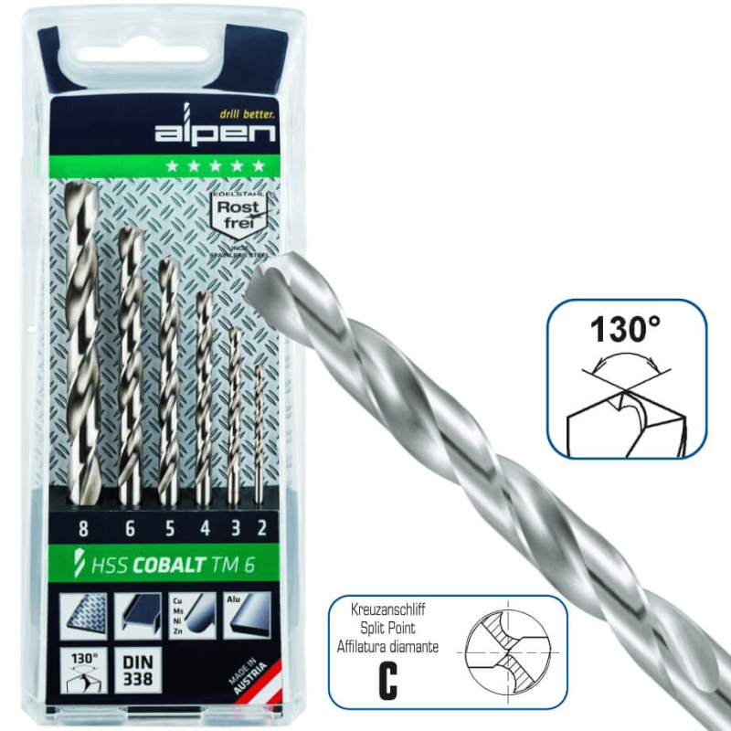 Alpen wiertła kobaltowe do metalu i stali nierdzewnej 2/ 3/ 4/ 5/ 6/ 8 mm DIN 338 HSS-Co Cobalt TM 6 sztuk