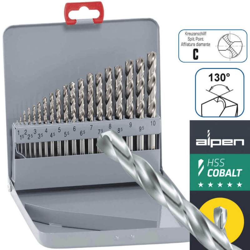 Alpen wiertła kobaltowe do metalu i stali nierdzewnej 1-10 mm DIN 338 HSS-Co Cobalt 19 sztuk